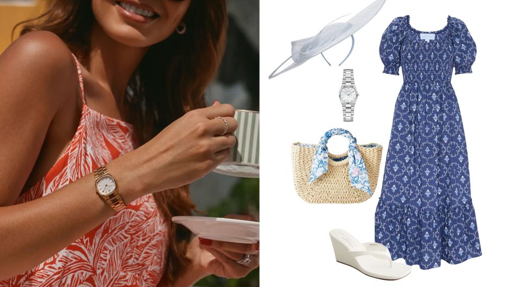 woman holding a tea cup while wearing a gold bulova watch; derby styling edit, featuring bulova watch, nap dress, fascinator, straw bag, and thong wedges