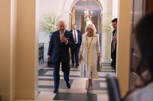 WASHINGTON, DC - APRIL 27: Britain's King Charles III and Queen Camilla enter the Ambassador's Library in the British Embassy on day one of their State Visit to the United States of America on April 27, 2026 in Washington, D.C. The visit will include stops at the nation's capital, New York City, and Virginia, arranged to celebrate the United States of America's 250th anniversary of its independence. (Photo by Julia Demaree Nikhinson-Pool/Getty Images)