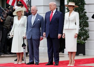 WASHINGTON, DC - APRIL 28: Queen Camilla, King Charles III, U.S. President Donald Trump and First Lady Melania Trump on day two of the State Visit of King Charles III and Queen Camilla to the United States of America, on April 28, 2026 in Washington, DC. Their majesties are formally welcomed with a traditional military arrival ceremony on the South Lawn of the White House, the highest diplomatic honour extended by the United States to a visiting Head of State which dates back to the 18th century. (Photo by Chris Jackson/Getty Images)