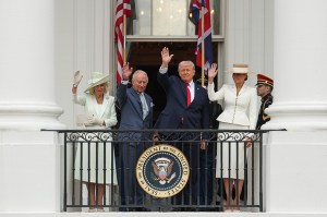 WASHINGTON, DC - APRIL 28: Queen Camila, King Charles III, U.S. President Donald Trump and First lady Melania Trump wave from the balcony of the White House during a state arrival ceremony on the South Lawn of the White House on April 28, 2026 in Washington, DC. President Trump and King Charles III will participate in a number of activities including a bilateral meeting in the Oval Office, with the king later addressing a joint meeting of the United States Congress. (Photo by Kevin Dietsch/Getty Images)