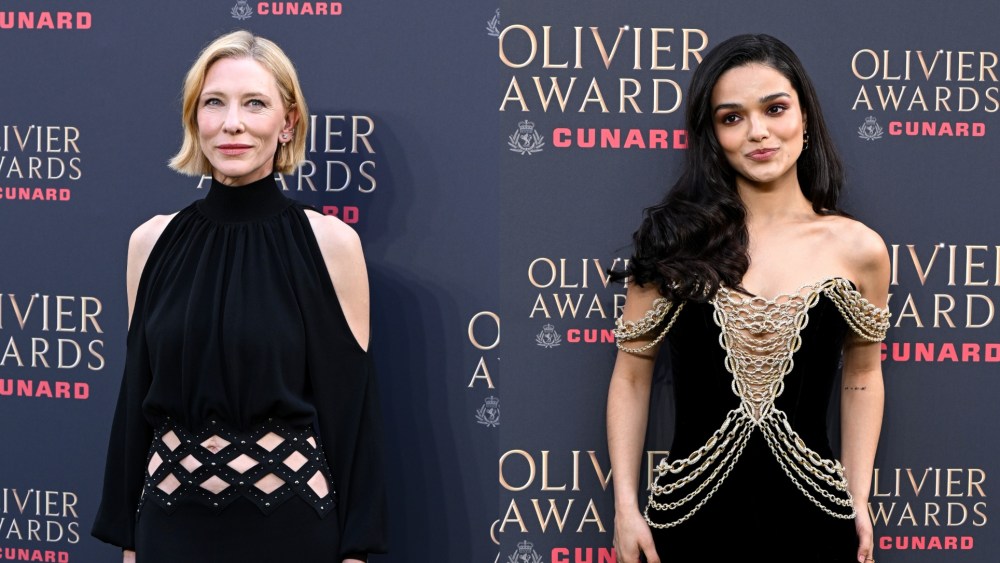 Cate Blanchett in Lanvin, left, and Rachel Zegler in Tamara Ralph at The Olivier Awards 2026 on April 12 in London.