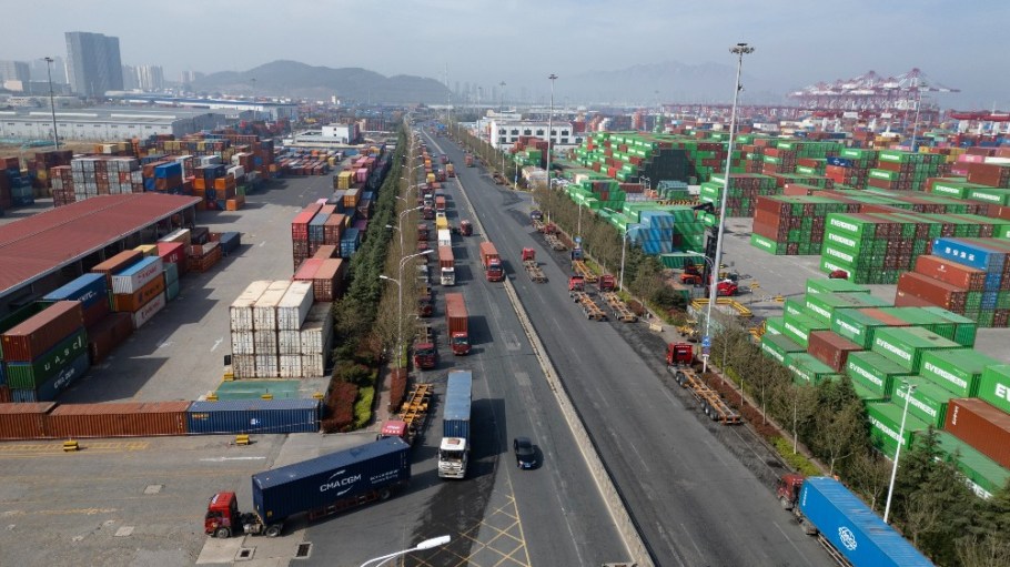 Qingdao Port Foreign Trade Container Terminal on April 12, 2026 in Qingdao, China.