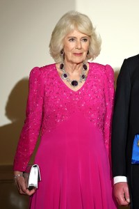 WASHINGTON, DC - APRIL 28: Queen Camilla poses on the Grand Staircase during an official state dinner hosted by the President and First Lady at The White House on day two of the State Visit  to the United States of America, on April 28, 2026 in Washington, DC. The dinner, part of a trip arranged to celebrate the United States of America's 250th anniversary of its independence, is the first formal white tie event at The White House since President George W. Bush hosted Queen Elizabeth II in 2007.  (Photo by Chris Jackson/Getty Images)