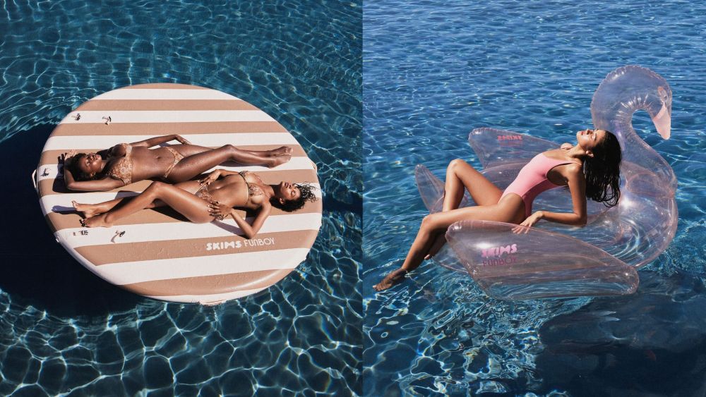 two women floating on circular skims x funboy pool float; a woman floating on swan-shaped pink skims x funboy float