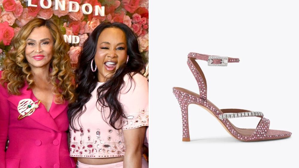 Tina Knowles (left) and Vivica A. Fox wearing Kurt Geiger's Crystal Strap Sandals in pink at the London label's Mother's Day Luncheon, co-hosted by Knowles on Friday.