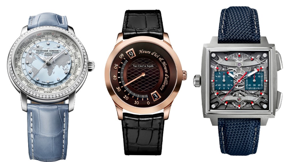 The Frederique Constant Classic Worldtimer Manufacture watch; TAG Heuer Watch; Van Cleef & Arpels Midnight Heure d’Ici et d’Ailleurs watch