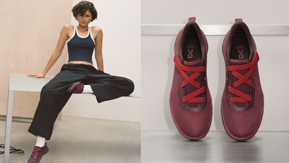 zendaya posing in new, red-colored cloudnova moon shoes from on; close-up shot of on x zendaya cloudnova moon sneaker release; shop zendaya's on collection