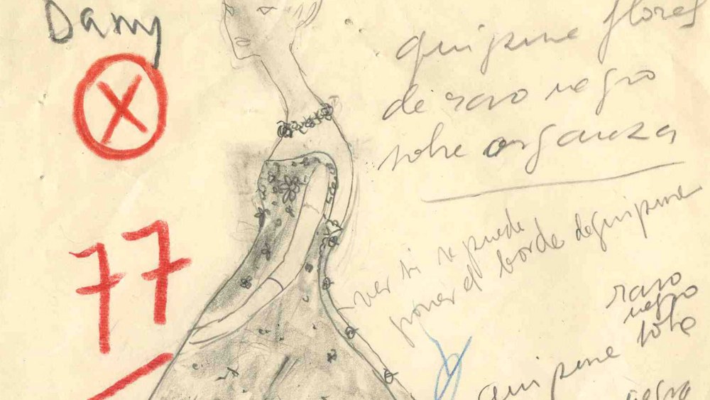 A sketch of look 77 from Cristóbal Balenciaga's 1958 winter couture collection.