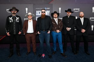 Justin Louthian, Noah Patrick, Isaac Gibson, Chase Chafin, Bus Shelton and Tim Hall of 49 Winchester at The 61st Academy of Country Music Awards held at MGM Grand Garden Arena on May 17, 2026 in Las Vegas, Nevada.