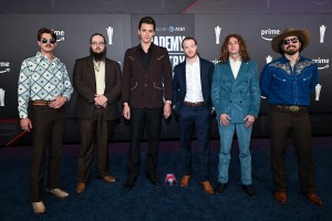 Andrew Bishop, Zachary Rishel, Brandon Coleman, John Hall, Sevans Henderson and Drew Nix of The Red Clay Strays at The 61st Academy of Country Music Awards held at MGM Grand Garden Arena on May 17, 2026 in Las Vegas, Nevada.