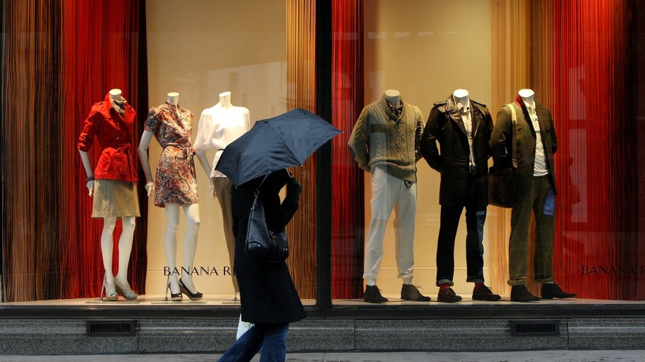 Members of the public pass the Banana Republic store on a rainy day on the corner of Regent Street and Marlborough Road on March 20, 2008 in London, England. It is the first Banana Republic flagship store to be opened in Europe.