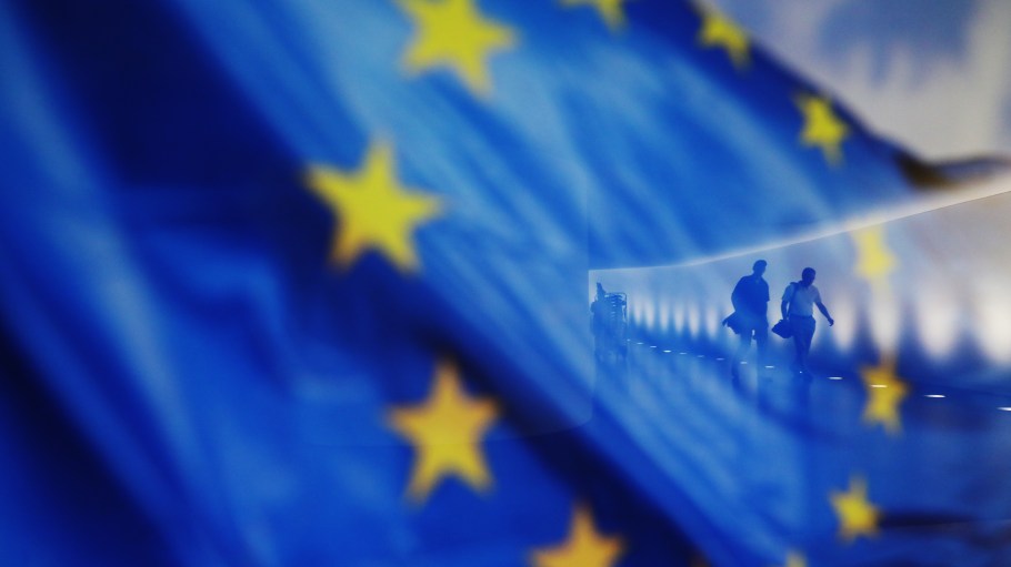 BERLIN, GERMANY - JUNE 26: People walk by an European flag in the German Lower House of parliament or Bundestag ahead of the upcoming summit of the European Council and the upcoming NATO summit in Washington, DC, on June 26, 2024 in Berlin, Germany. (Photo by Michele Tantussi/Getty Images)