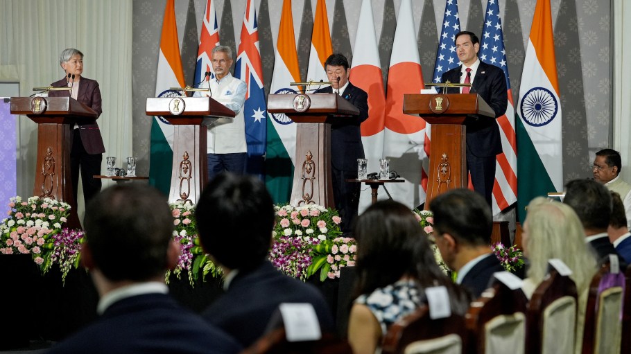 (L-R) Australia’s Foreign Minister Penny Wong, India's Foreign Minister Subrahmanyam Jaishankar, Japan’s Foreign minister Toshimitsu Motegi and US Secretary of State Marco Rubio address a joint press conference after the Quad Foreign Ministers' meeting at the Hyderabad House in New Delhi on May 26, 2026. (Photo by Julia Demaree Nikhinson / POOL / AFP)