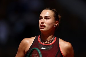 PARIS, FRANCE - MAY 26: Aryna Sabalenka looks on in her match against Jessica Bouzas Maneiro of Spain during the Women's Singles first round match during Day Three of the 2026 French Open at Roland Garros on May 26, 2026 in Paris, France. (Photo by James Fearn/Getty Images)