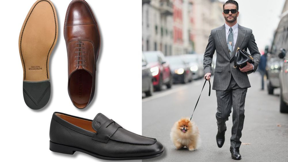 men's oxfords and loafers over white background; man walking pomeranian while dressed in a suit; best dress shoes for men to buy online