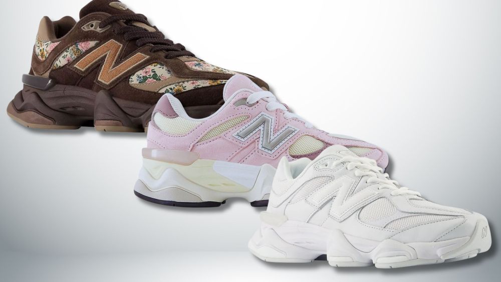 three new balance 9060 shoes in brown, pink, and white over ombre gray background; best places to buy new balances online
