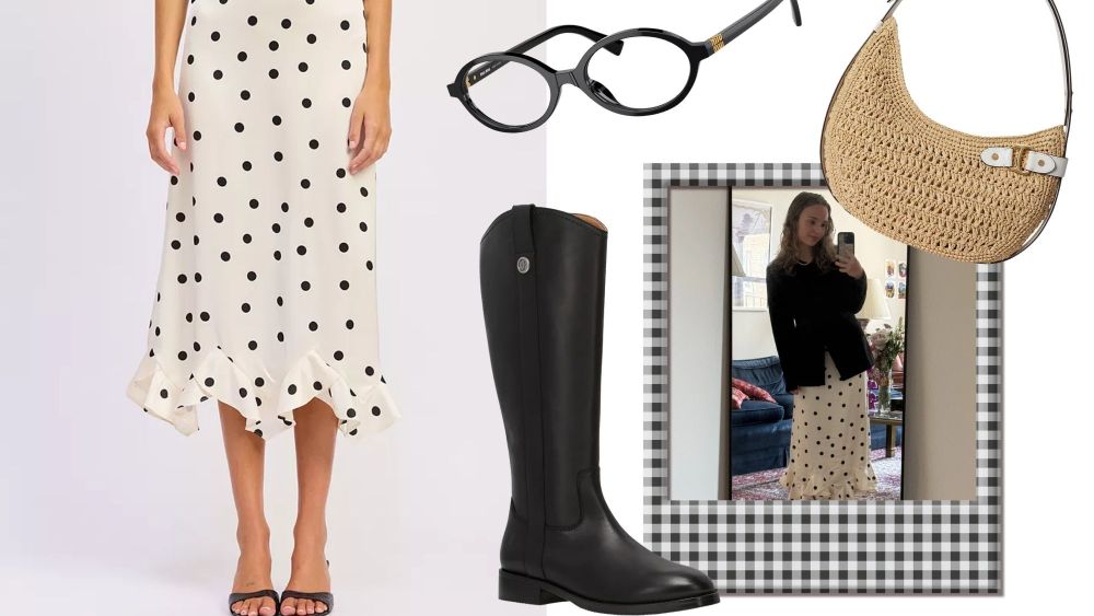 best spring style at macy's, including polka dot skirt, riding boots, crochet bag, miu miu glasses; author wearing macy's skirt for spring; best luxury brands at macy's