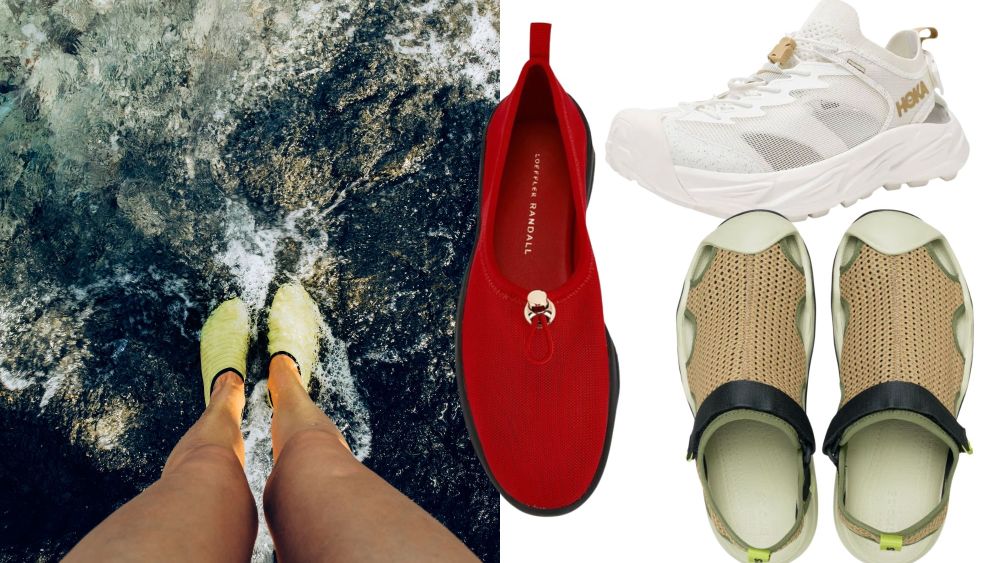 woman standing in body of water while wearing lime-green water shoes; assortment of the best water shoes for men and women over white background