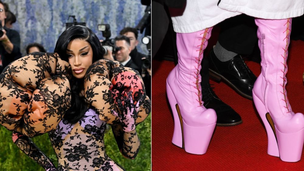 Cardi B in custom Marc Jacobs at the 2026 Met Gala; a look at her towering pink platform boots.