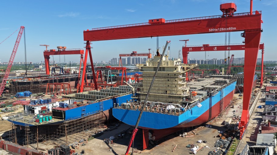 YANGZHOU, CHINA - MAY 9, 2026 - Working scene at a shipbuilding base along the Yangtze River in Yangzhou City, Jiangsu Province, China on May 9, 2026. (Photo credit should read CFOTO/Future Publishing via Getty Images)