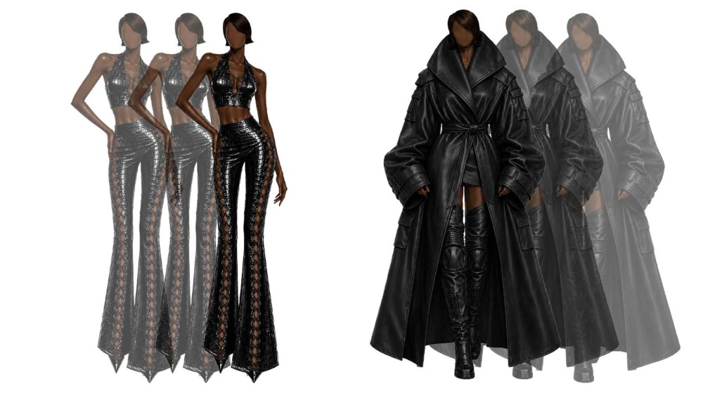 Sketches of Aya Nakamura's concert outfits. 