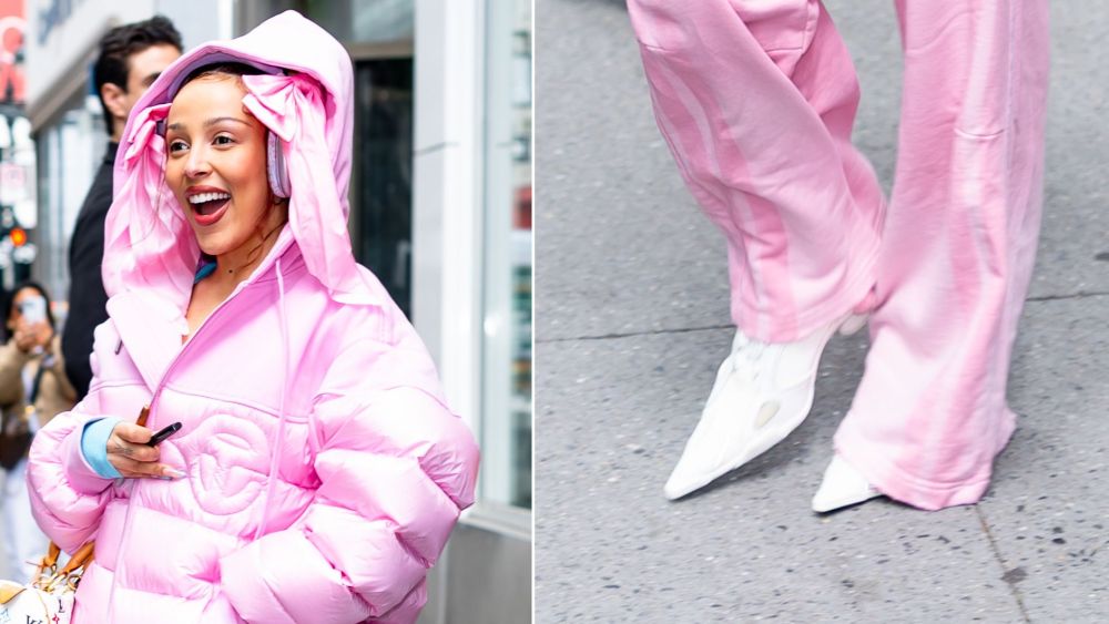 Doja Cat wearing a pair of crisp white sneaker-heel hybrid shoes outside of Ulta in Harold Square, New York City, the Sunday before the 2026 Met Gala.
