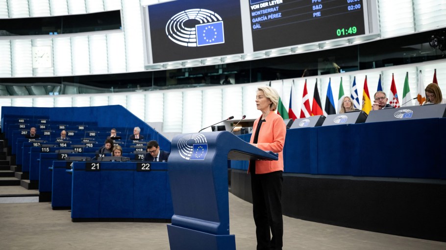 European Commission President Ursula von der Leyen delivers a speech during a plenary session at the Strasbourg European Parliament, in Strasbourg, northeastern France, on May 20, 2026.