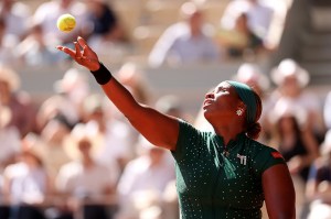 PARIS, FRANCE - MAY 26: Taylor Townsend of the United States serves against Coco Gauff of the United States during the Women's Singles first round match during Day Three of the 2026 French Open at Roland Garros on May 26, 2026 in Paris, France. (Photo by Matthew Stockman/Getty Images)