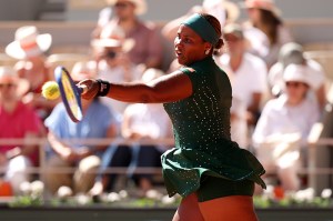 PARIS, FRANCE - MAY 26: Taylor Townsend of the United States plays a forehand against Coco Gauff of the United States during the Women's Singles first round match during Day Three of the 2026 French Open at Roland Garros on May 26, 2026 in Paris, France. (Photo by Matthew Stockman/Getty Images)