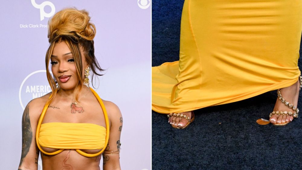 GloRilla wearing a pair of Steve Madden's Nylie sandals in Gold Multi to the 2026 American Music Awards in Las Vegas.