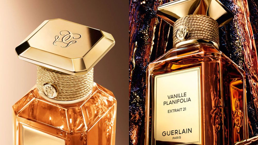 two close up shots of guerlain vanille planifolia perfume in an amber-colored bottle with a gold cap; buy viral perfume from guerlain