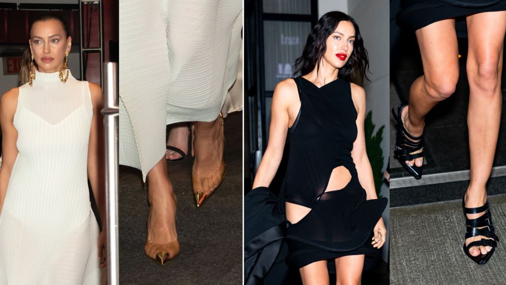Irina Shayk at two pre-Met Gala parties over the weekend, wearing Gianvito Rossi's gold-capped Diana slingbacks and Ann Demuelemeester's buckle-heavy Nel Sandals.