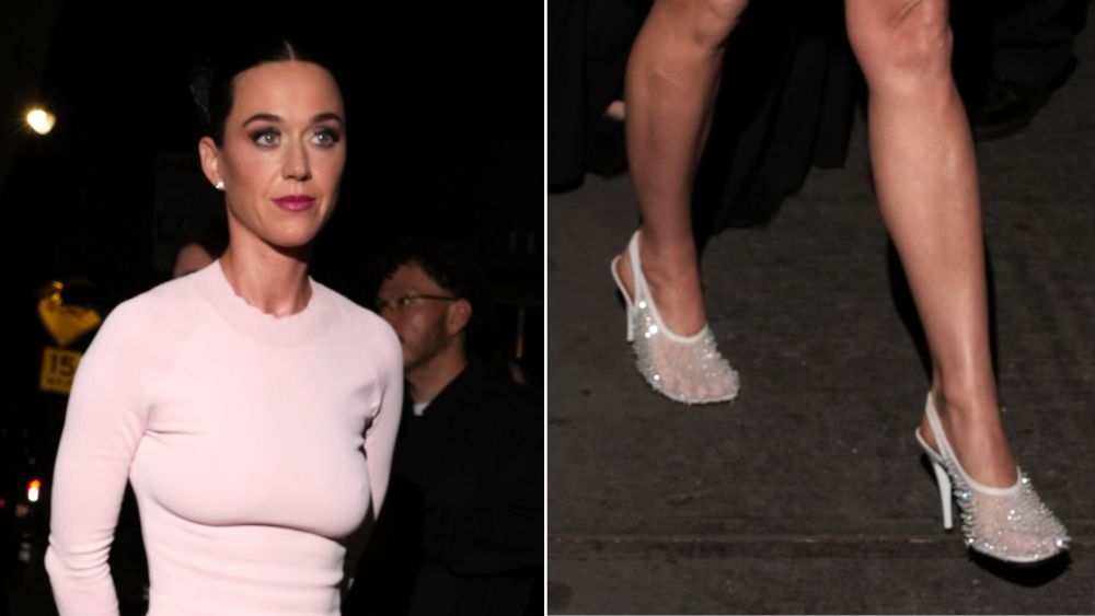 Katy Perry wearing a pair of Stella McCartney spring 2026 crystal-embellished mesh slingbacks at Saint Laurent's Met Gala after party.