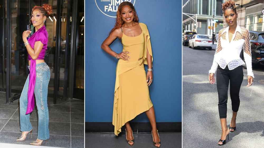 Keke Palmer in caged Louboutin pumps, metallic gold slingbacks, and Black Suede Studio mules for a packed "I Love Boosters" promo run in New York City on Monday.