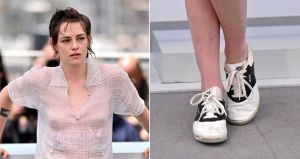 Kristen Stewart in Chanel couture and a pair of vintage black-and-white Nike sneakers at the photocall for "Full Phil" at Cannes on Saturday.