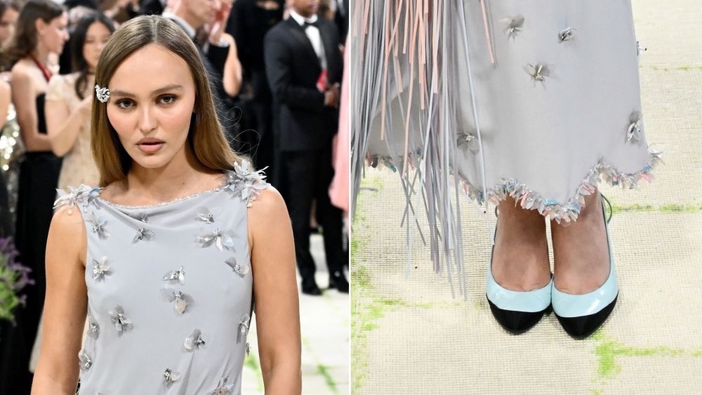 Lily-Rose Depp wearing a pair of pastel blue Chanel cap-toe slingbacks on the 2026 Met Gala red carpet.