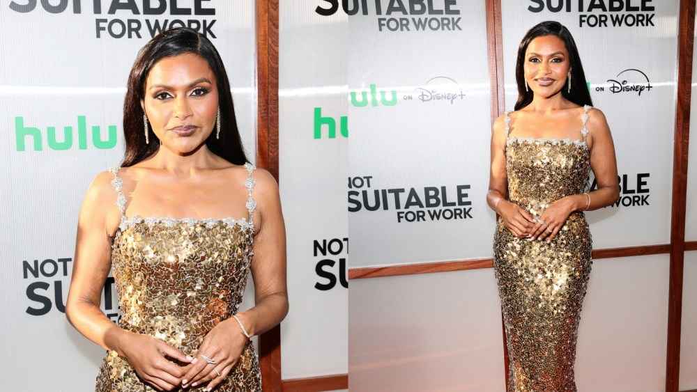 Mindy Kaling wears Rachel Gilbert at Hulu's "Not Suitable For Work" premiere on May 28 in Brooklyn, New York.