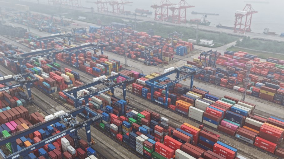NANJING, CHINA - MAY  27, 2026 - Containers parked at Longtan Container Terminal in Nanjing Port, Nanjing, Jiangsu Province, China on May 27, 2026. (Photo credit should read CFOTO/Future Publishing via Getty Images)