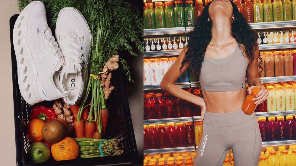 on x erewhon cloudsurfer max shoe photographed in a shopping basket with fresh produce; model wearing on x erewhon sports bra and shorts in a supermarket aisle