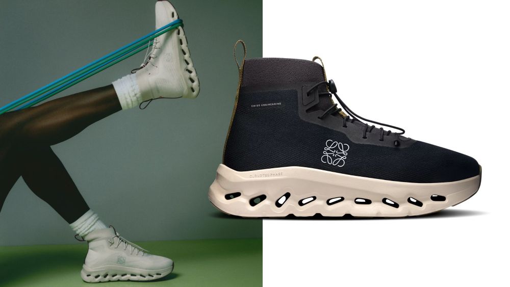 on x loewe cloudtilt hi sneaker as seen on a model using blue resistance band and in a black hue over white background; shop latest on loewe collaboration online