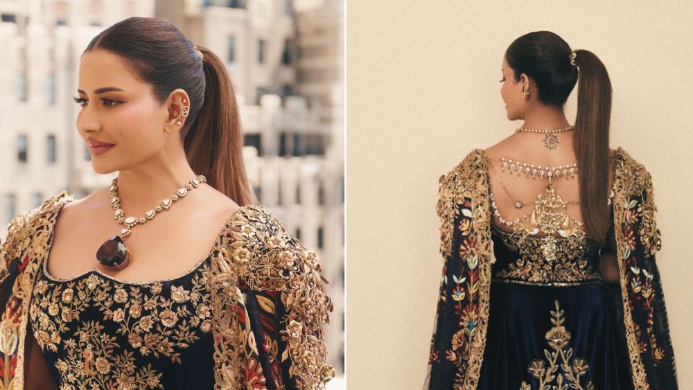 Sudha Reddy wearing her $15 million Tanzanite necklace, the 550-carat ‘Queen of Merelani,’ along with her custom 'Tree of Life' creation by India’s leading couturier Manish Malhotra.