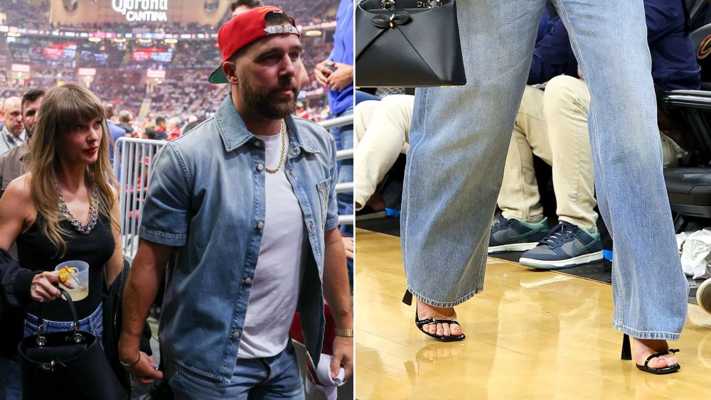 Taylor Swift wears Stella McCartney Elsa Sandals courtside at the Cavaliers-Knicks game on Saturday for a date night with Travis Kelce.