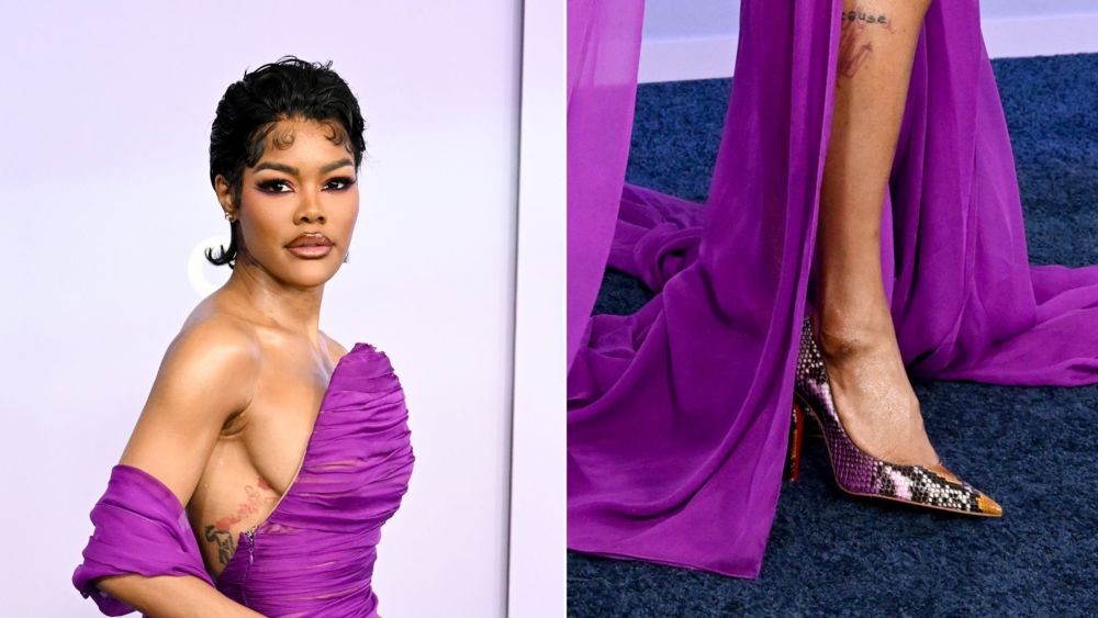 Teyana Taylor wearing Christian Louboutin Miss Z  Gradient python leather pumps in Rhapsody Yellow at the 2026 American Music Awards.