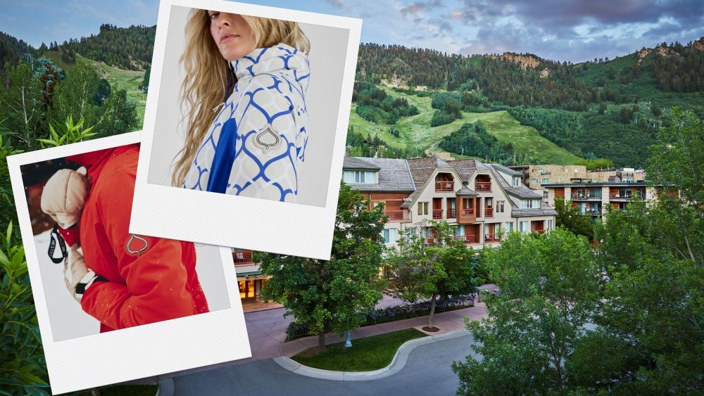 images of two models wearing ski outerwear from aspen collection, in white, blue, and red, over a photo of the little nell hotel during the summer; apres ski style in spring
