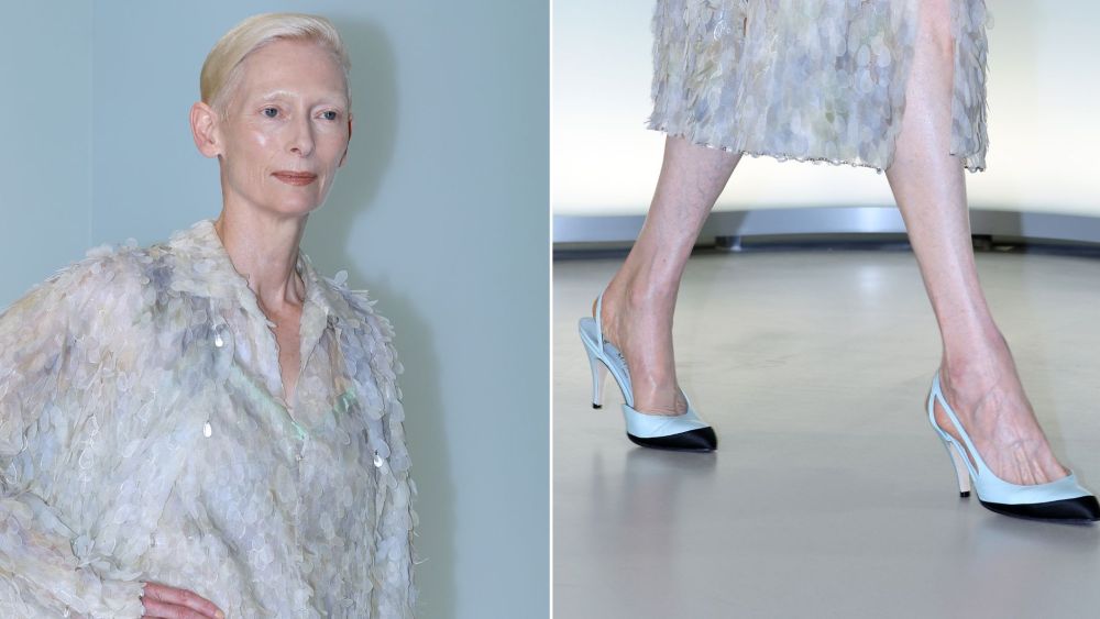 Tilda Swinton in a pair of icy blue Chanel cap-toe slingbacks at the Chanel Métiers d’Art 2026 photocall at Centre Pompidou Hanwha in Seoul on Tuesday.