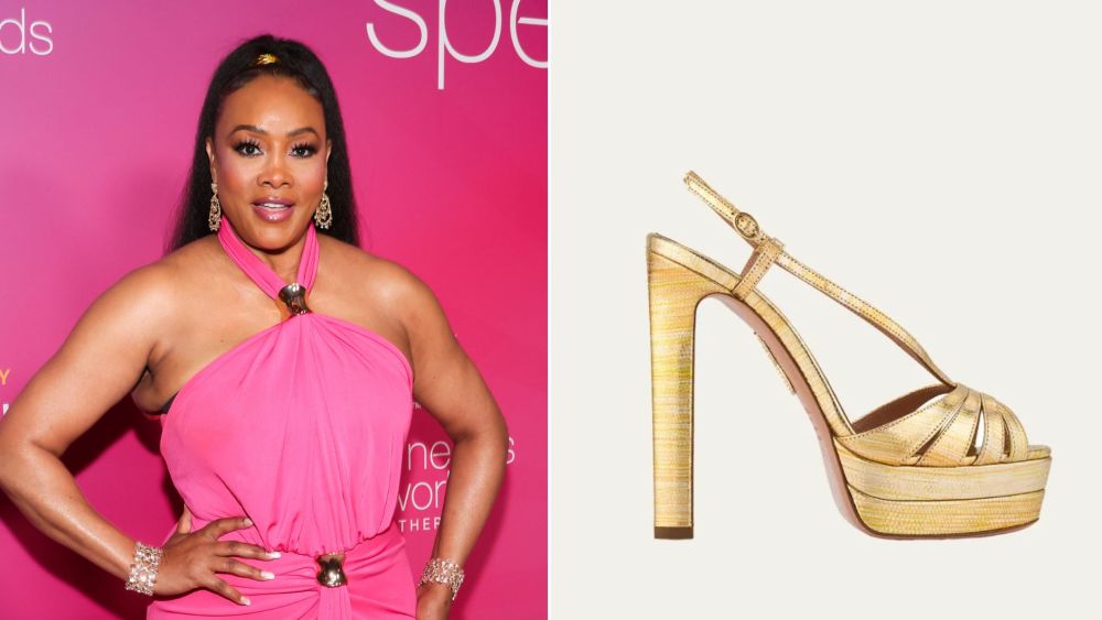 Vivica A. Fox wearing a pair of Aquazzura Aimee Platform Sandals at A Pink Pump Affair in Beverly Hills on Sunday.