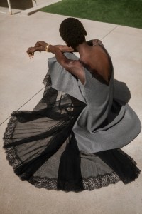 Dior wool mid-length straight dress, Medallion Buckle pump, Rocks cuff and Darling Stud earrings.