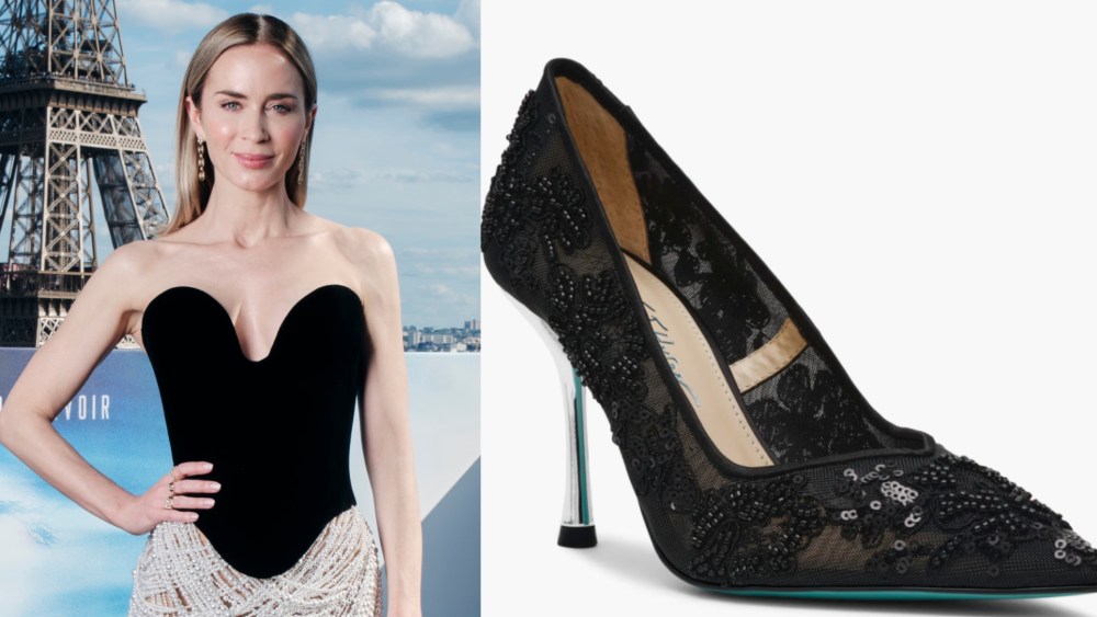 Emily Blunt attends the “Disclosure Day” Paris photo call at Shangri-La Hotel Paris on June 1, 2026 in Paris, France.
Right: Betsey Johnson Jenii shoe.