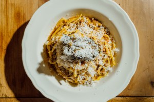 Linguine al ragù with mustard kimchi