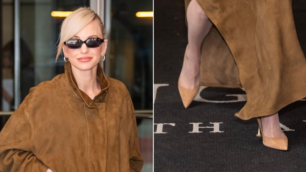 Anna Faris in a monochromatic suede look, including her tan pumps with a metallic gold heel, in New York on Sunday.